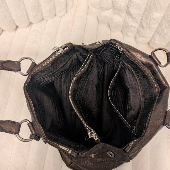 Prada Brown Vitello Daino Leather Medium Bauletto Logo Bag - Picture 11 of 14